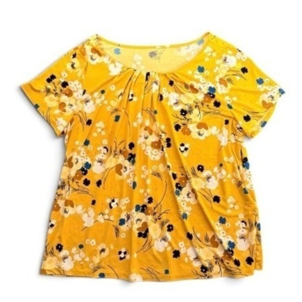 Worthington Woman 2X Yellow Floral Short Sleeve Pleated Scoop Neck Top